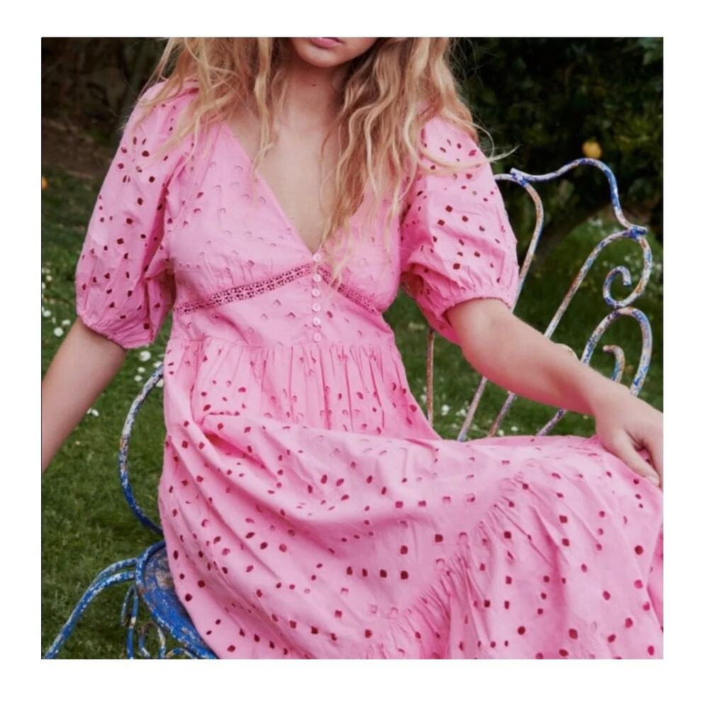 Zara Openwork Pink Embroidered Eyelet Tiered Maxi Dress M